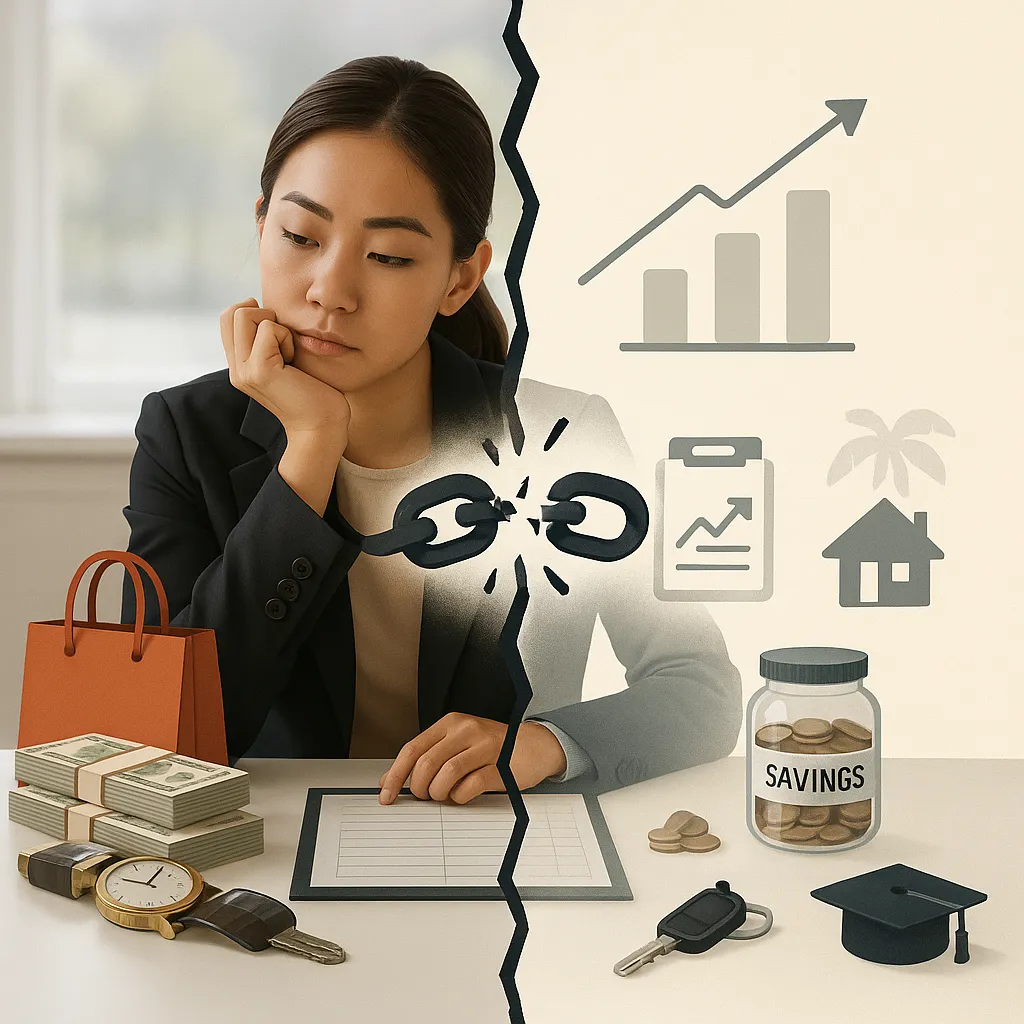 Visual metaphor of breaking the cycle between lifestyle inflation and financial goals, featuring a split image of spending and savings choices.