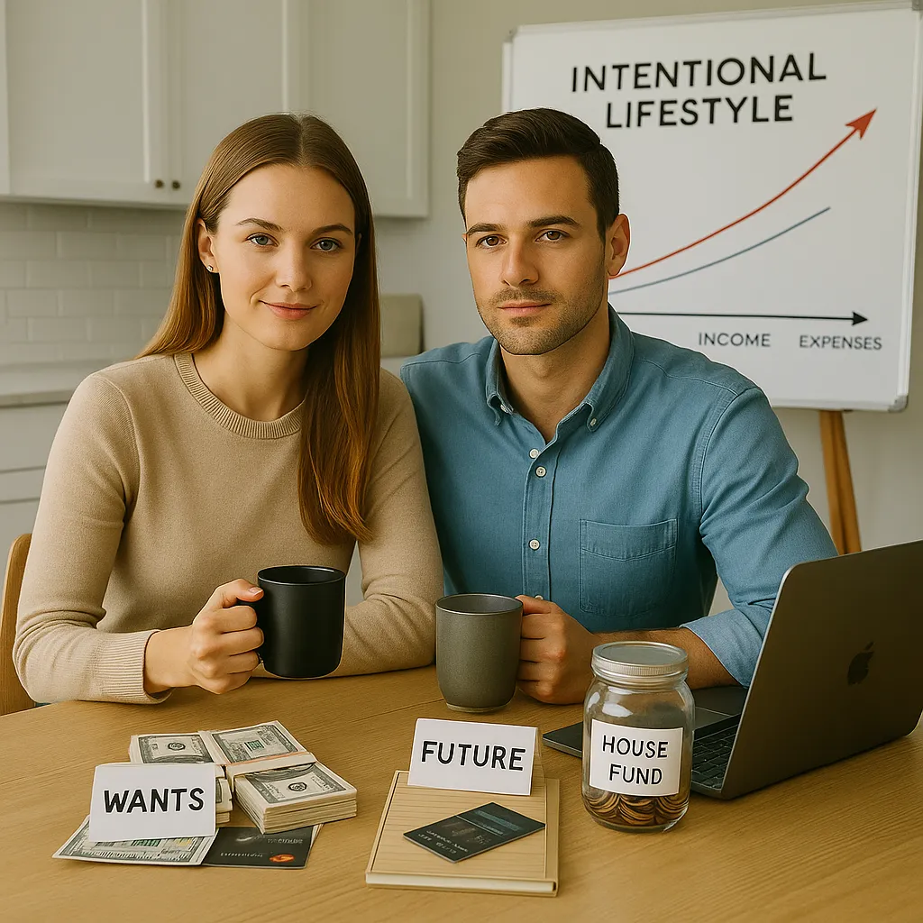 Young couple plans finances at kitchen table with labeled cash stacks, savings jar, and laptop budget app, symbolizing control over lifestyle inflation and financial goals.