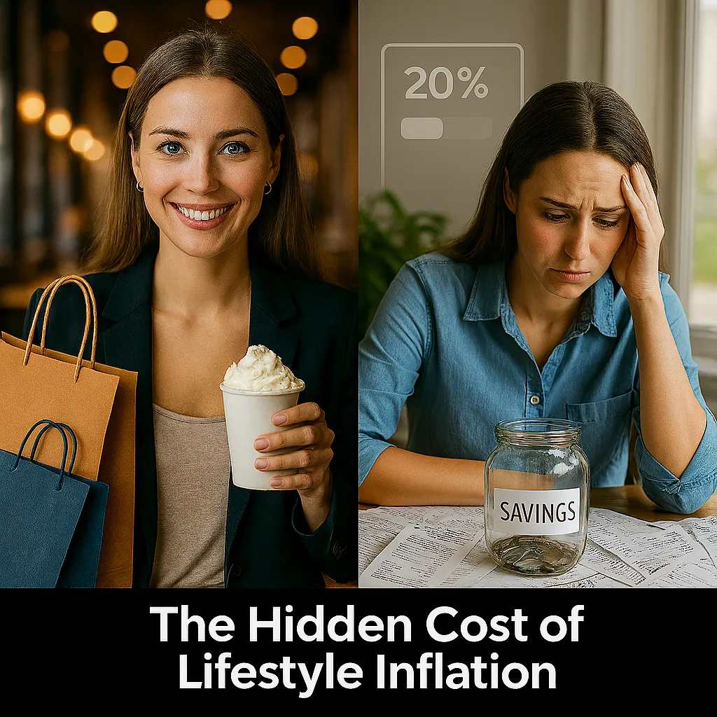 Split image of a woman shopping joyfully on the left, and stressed beside an empty savings jar and overdue bills on the right, symbolizing the conflict between lifestyle inflation and financial goals.