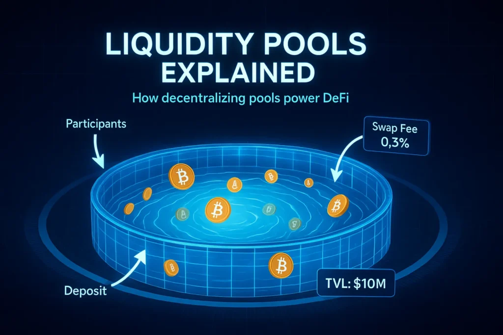 A clear graphic explaining crypto liquidity pools, showing deposit, withdrawal, and participant flows with Bitcoin tokens—perfect for understanding crypto liquidity pools visually.