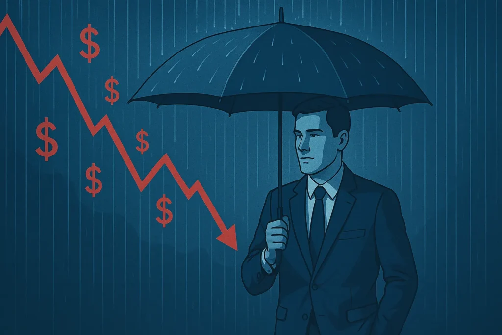 Businessman in a suit holds an umbrella during a financial storm, with red dollar signs and a downward stock chart symbolizing market decline and economic uncertainty.