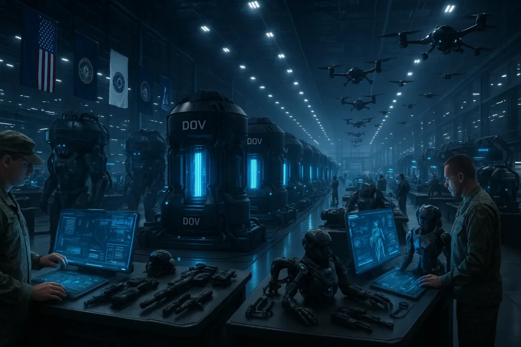 High-tech military facility representing the defense technology market, with glowing reactors, holographic consoles, AI weapons, exosuits, and drones overhead. U.S. personnel operate under service flags in a sleek, futuristic environment.