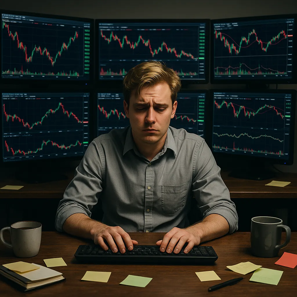 Stressed trader monitors multiple charts—an intense scene highlighting the complexity of trading Options for Beginners under pressure in a volatile market. 