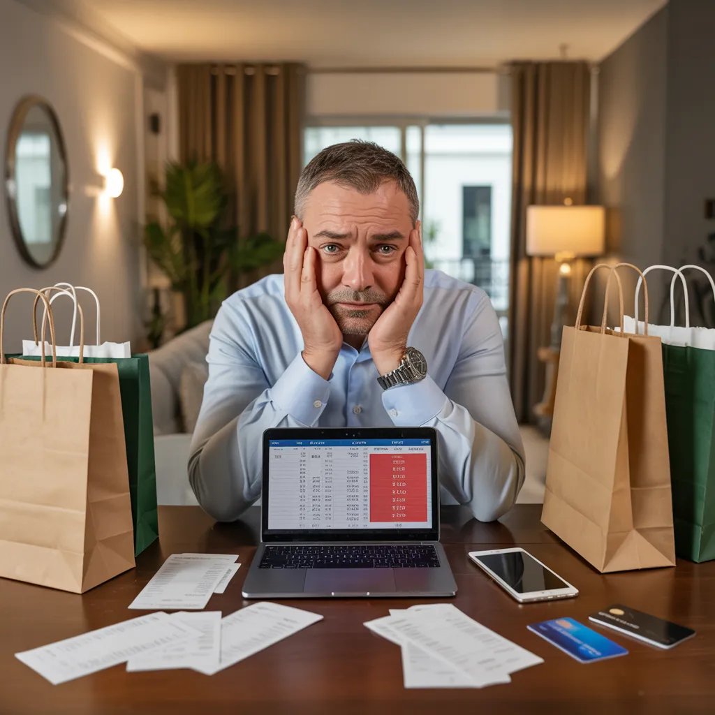 Stressed man sits at table surrounded by shopping bags, receipts, and credit cards, staring at laptop with red budget alerts, representing overspending and financial pressure.