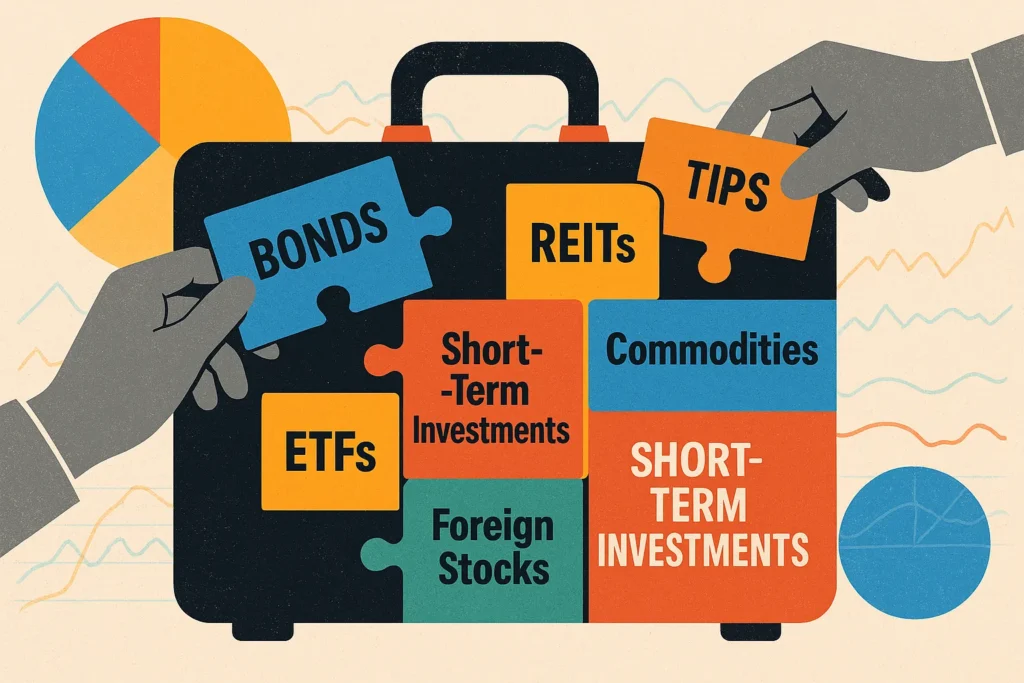 Colorful collage of a portfolio suitcase filled with labeled asset puzzle pieces—Bonds, ETFs, Stocks—symbolizing strategic diversification with grayscale hands and pie chart.