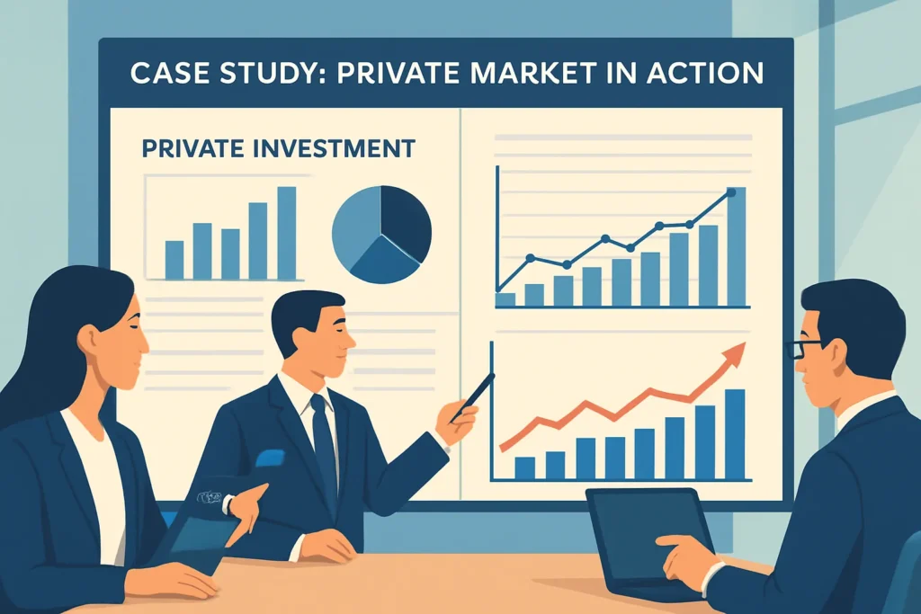 Three business professionals analyze private markets investment data on a large screen with charts and graphs in a modern office, highlighting collaboration and financial strategy.