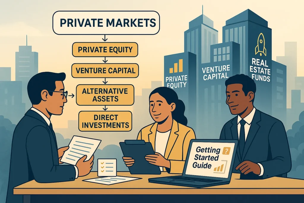 Three diverse professionals review documents and charts on private markets, with a clear flowchart and city skyline showcasing equity, venture capital, and real estate sectors.