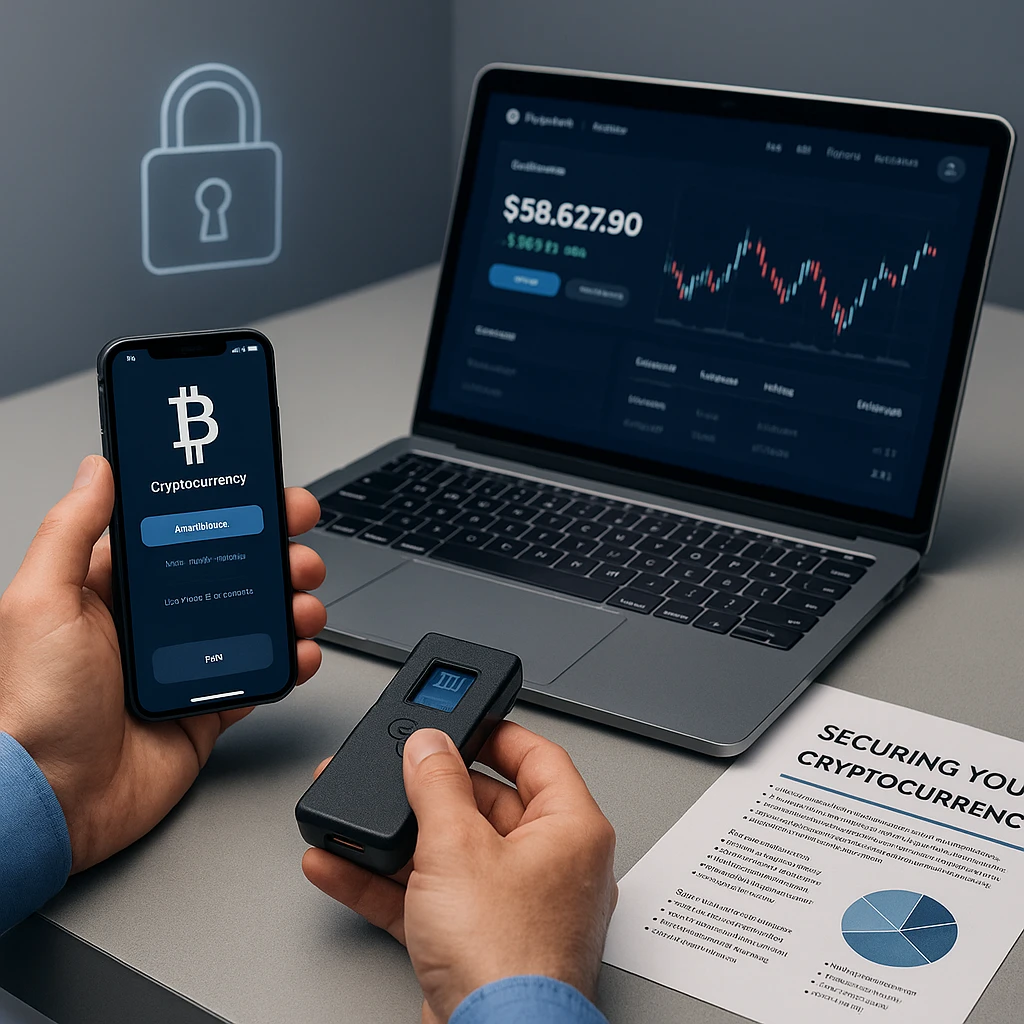 Professional setup showing a man using a hardware wallet and devices to protect your crypto assets, including charts, phone, and printed security guide.