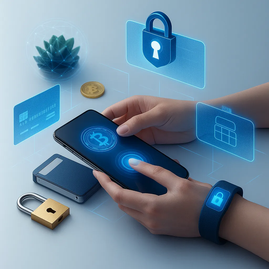Hands interact with a crypto wallet on a smartphone, surrounded by glowing holograms and a Bitcoin coin—designed to visually emphasize how to protect your crypto.