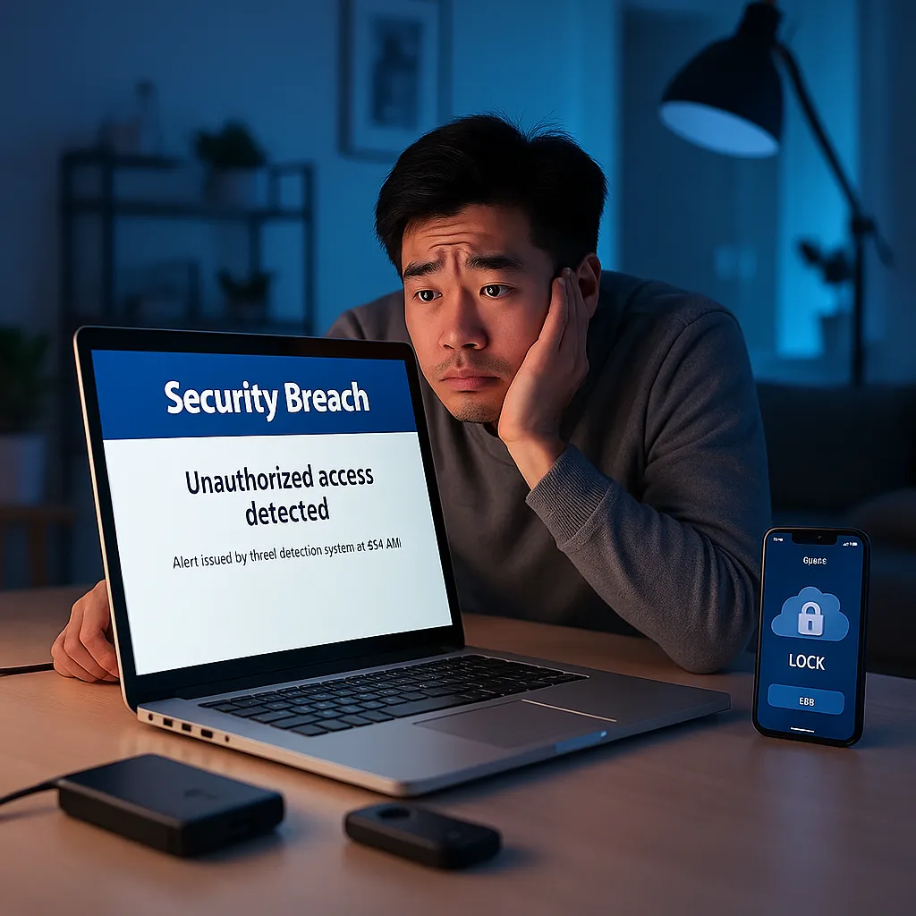 A worried man stares at a security breach alert on his laptop. This image highlights why it’s crucial to protect your crypto from digital threats.