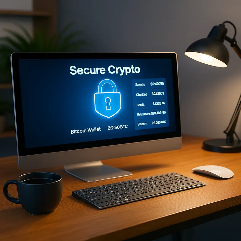 A clean desktop displays a crypto dashboard with glowing security icons, keyboard, mouse, and coffee—an ideal reminder to protect your crypto in digital environments.