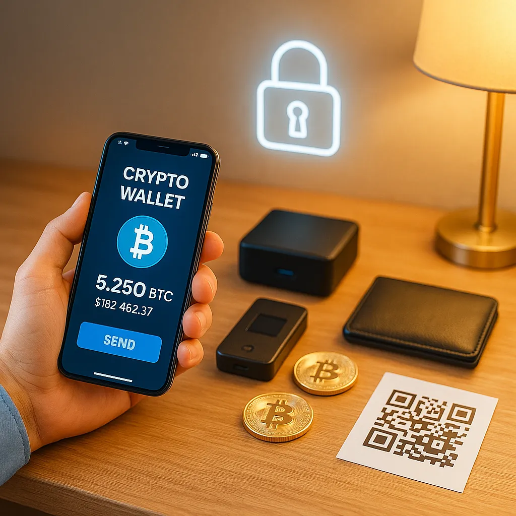 Photorealistic crypto desk setup with wallet app, hardware wallet, coins, and QR code card—showcasing secure practices to protect your crypto assets with confidence.