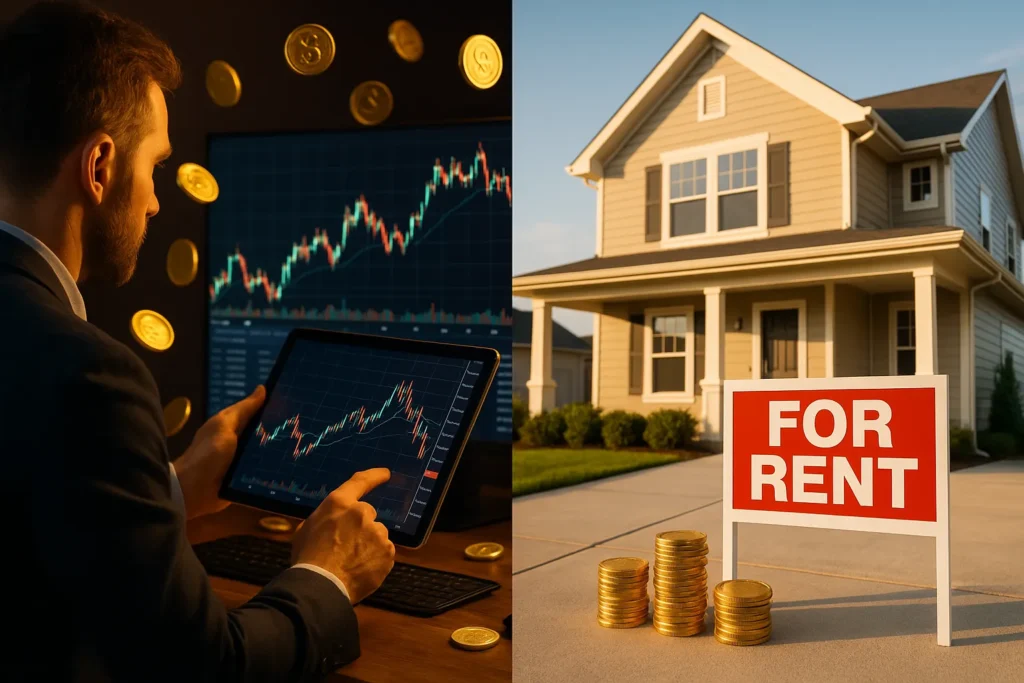Man analyzes trading charts with gold coins beside a 'For Rent' sign in front of a house, representing opportunities in real estate investing.