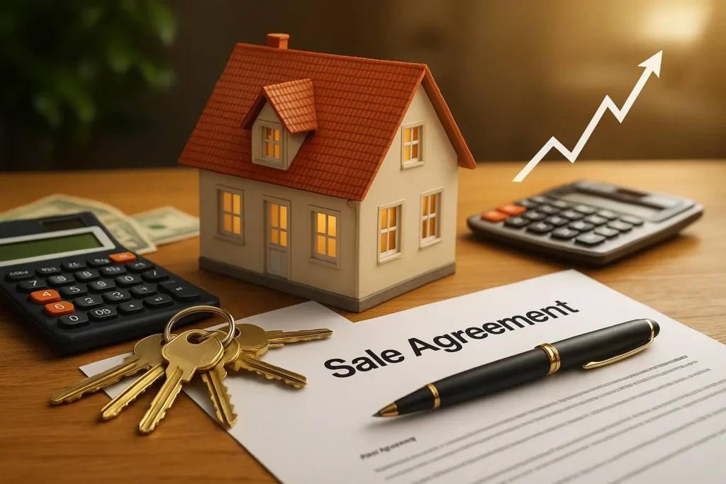 A model house with keys, calculator, and sale agreement on a desk, symbolizing real estate investing decisions and property transactions.