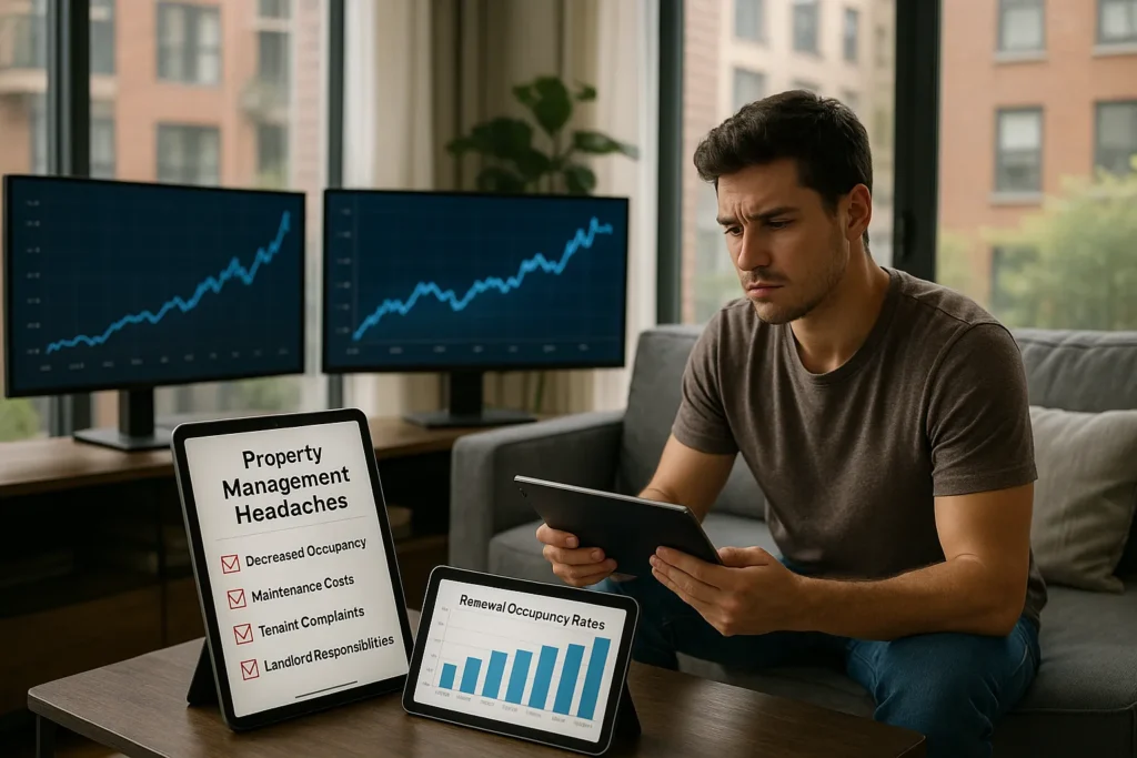 Young man in sunlit apartment, analyzing real estate investing data on multiple screens, holding tablet with graphs and checklist of property management issues.