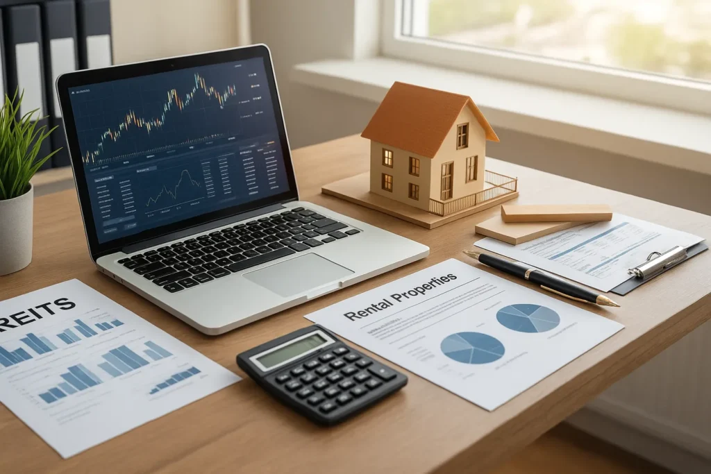Organized workspace for real estate investing featuring charts, a laptop, model house, and documents, perfect for analyzing financial data and property investment opportunities.