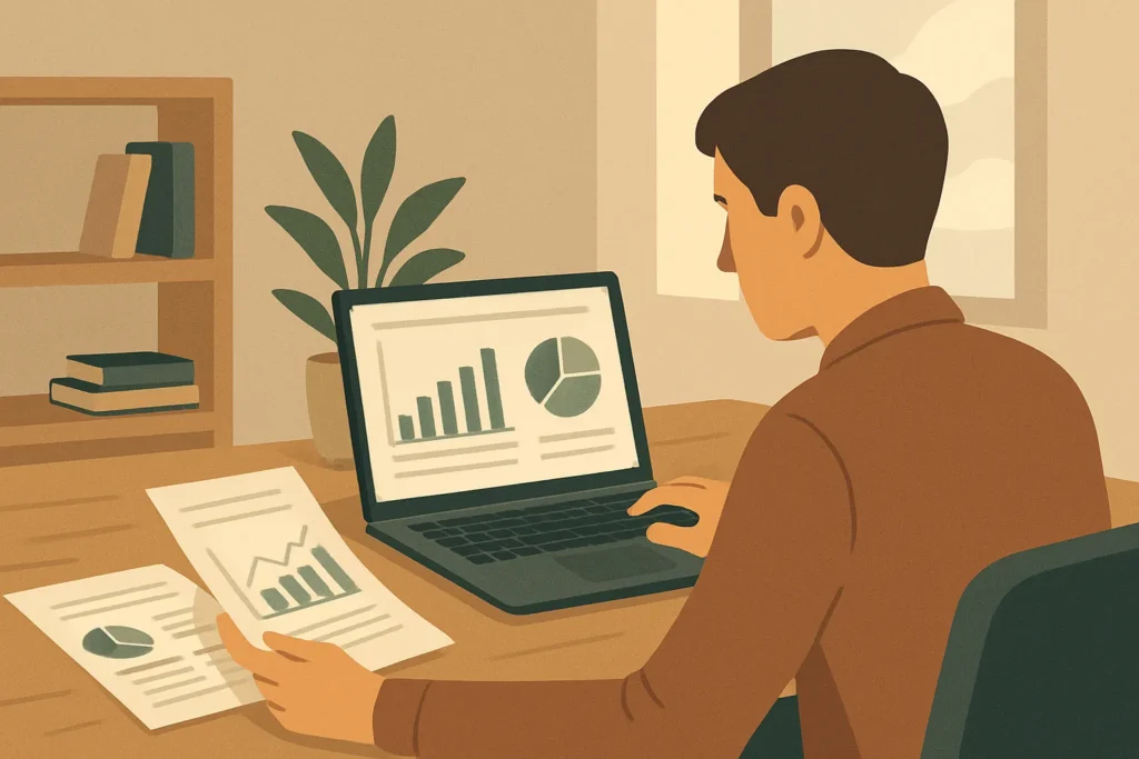 Man analyzing private markets data at a home desk with charts on a laptop, financial documents in hand, surrounded by books, plant, and daylight.