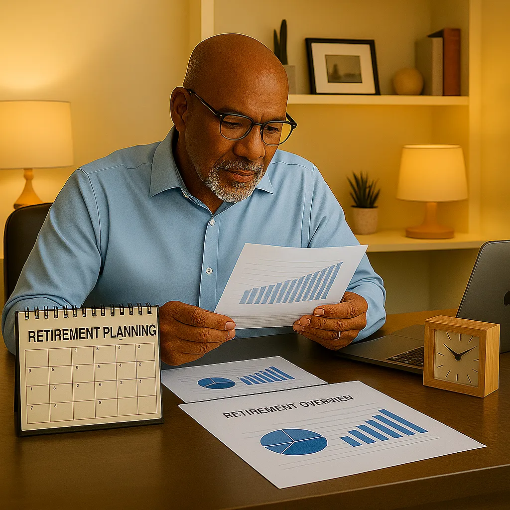 An older man reads financial charts at his desk, with corrected retirement calendar, realistic documents, tidy lighting, and a properly positioned desk clock.