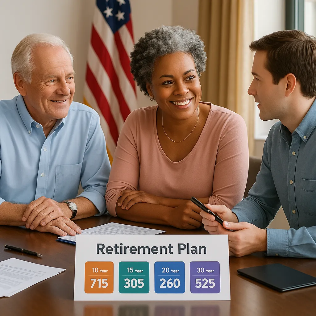 Three people discuss a retirement plan in a bright office. A colorful chart with financial scores sits on the table, highlighting long-term financial planning options.