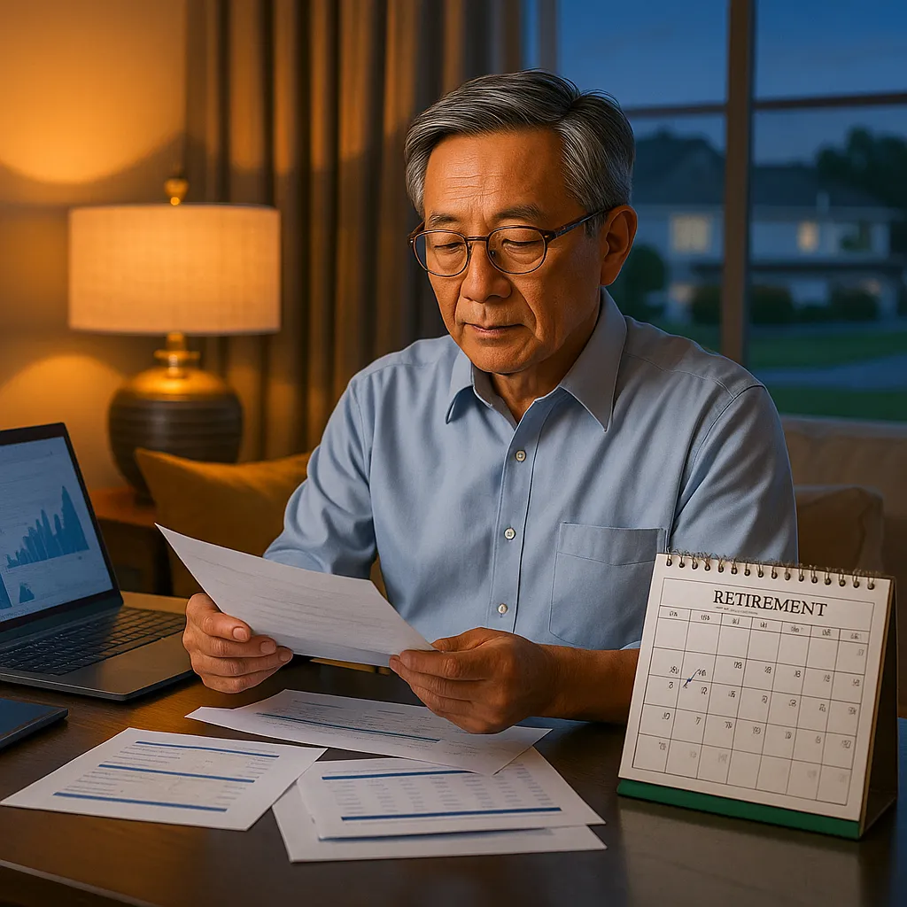 An older man plans retirement in a cozy home office, reviewing financial papers—illustrating retirement planning by age in a warm, focused setting.