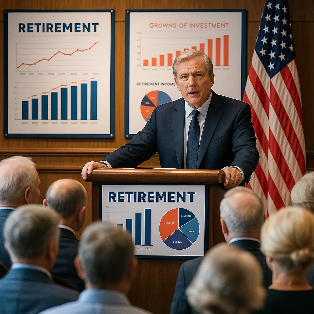 Elderly audience listens to a politician delivering a speech on retirement policy with U.S. flag and financial charts displayed prominently in the background.