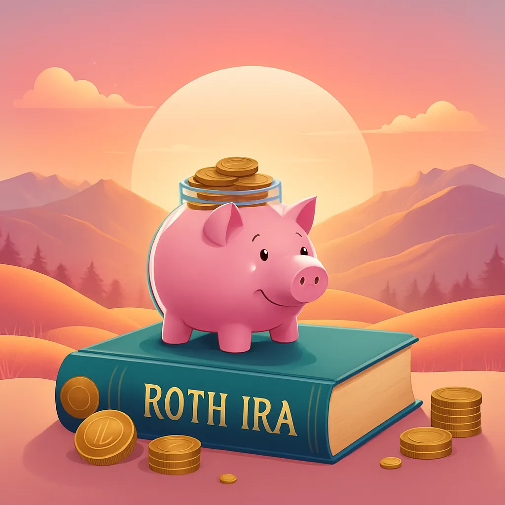 What is a Roth IRA? A smiling piggy bank sits on a Roth IRA book at sunset, surrounded by gold coins and peaceful mountains, symbolizing retirement security.