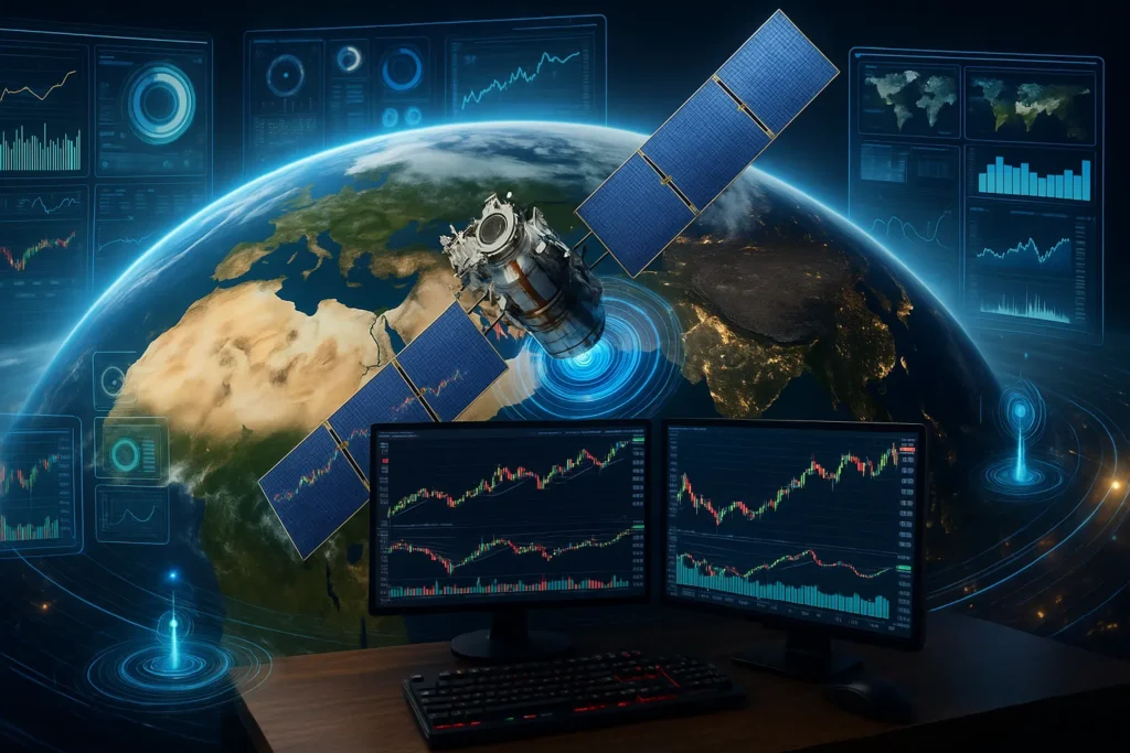 A satellite transmits data to Earth with financial charts displayed on monitors, symbolizing global market analysis, satellite investing, and real-time economic intelligence.