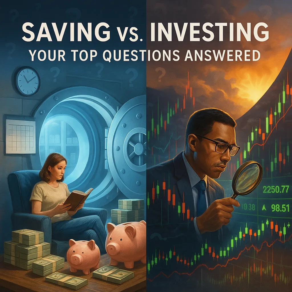 Split-screen image of saving and investing; left shows woman reading near piggy banks in a vault, right shows man analyzing stock charts under dramatic sky.