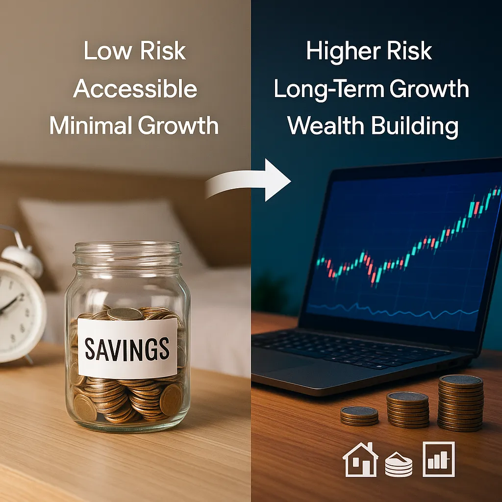 Split-screen image: savings jar on bedside with "Low Risk" text, investing side shows laptop with stock chart, emphasizing "Higher Risk" and "Wealth Building" benefits.