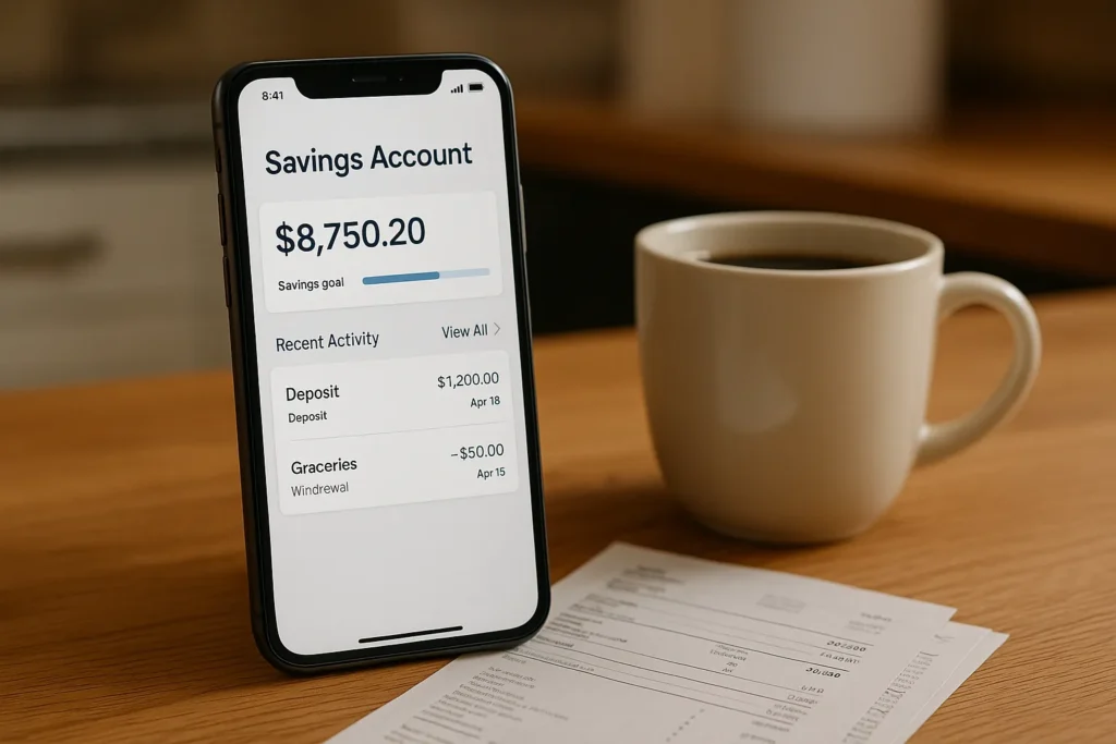 A smartphone displays a savings account dashboard beside a coffee mug and paper bills on a wooden kitchen table, lit warmly by natural morning light.