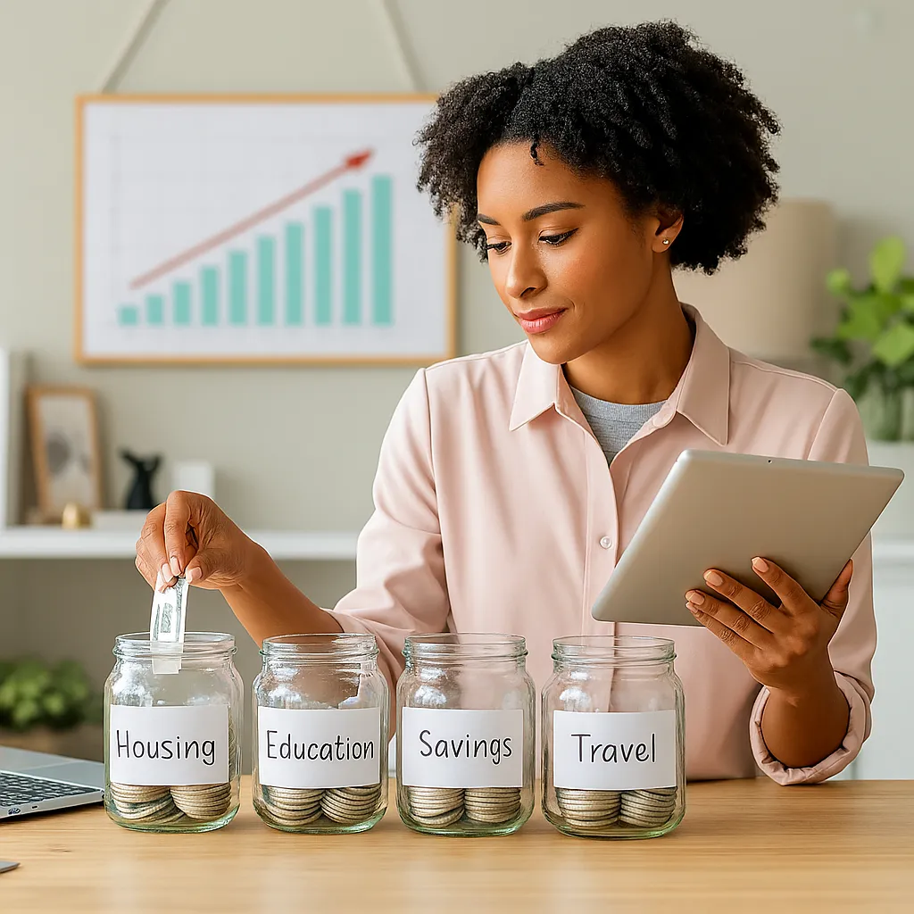 Woman organizing money into jars labeled Housing, Education, Savings, and Travel while using a tablet. A growth chart in the background symbolizes managing lifestyle inflation and financial goals effectively.