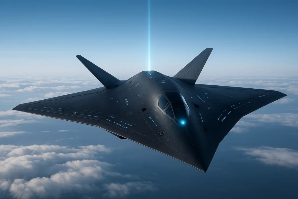 Futuristic stealth aircraft with matte black finish and glowing panels flies above clouds, emitting blue beam into clear sky, suggesting advanced technology and AI control.