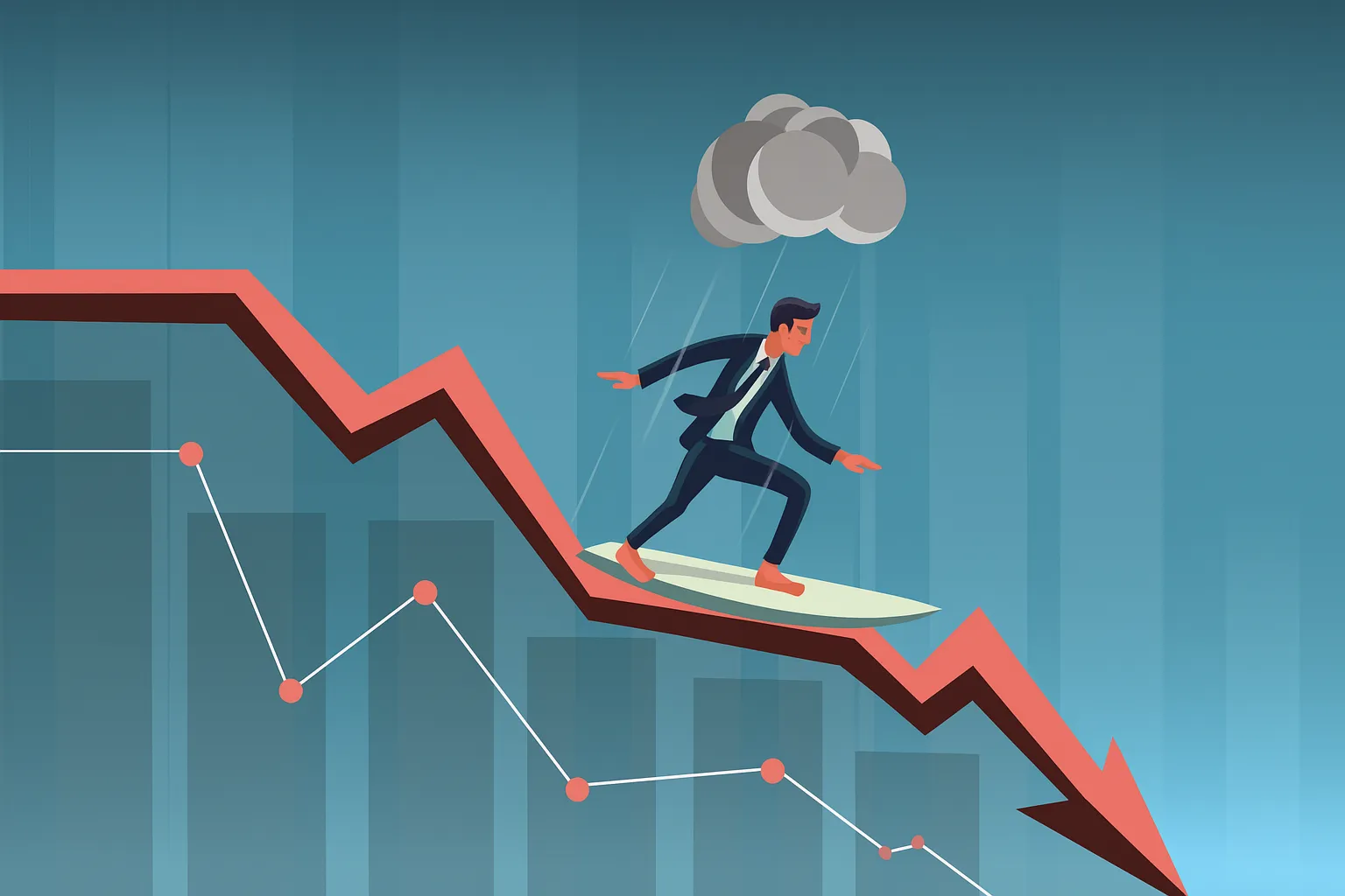 A businessman in a suit surfs down a red descending arrow amid financial graphs and rain clouds, symbolizing navigating market downturns with resilience and strategy.