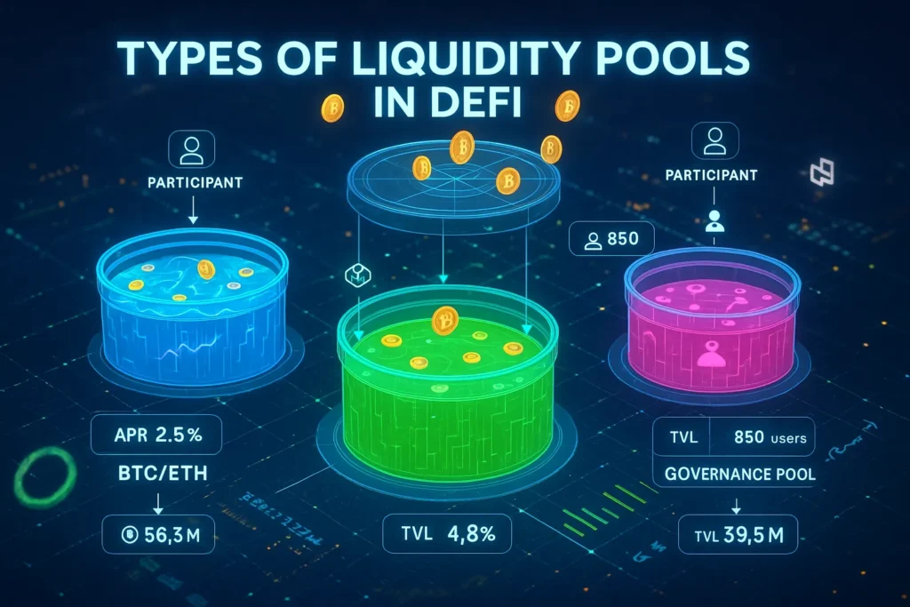 Infographic visualizing types of DeFi pools with metrics, enhancing understanding crypto liquidity pools through labeled examples like BTC/ETH, governance pools, APR, and TVL.