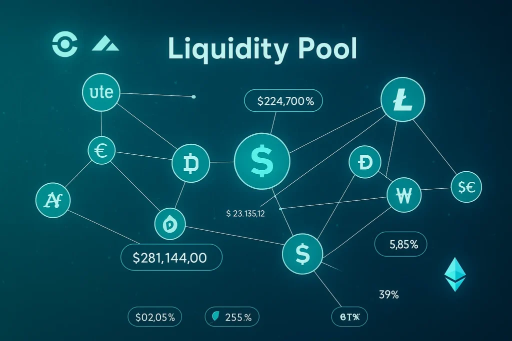 Infographic for understanding crypto liquidity pools, showing interconnected currency icons, dollar signs, and data points on a digital blue background.
