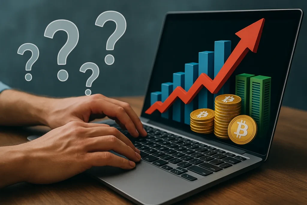 Person typing on laptop with unified screen, Bitcoin coins, upward chart, and question marks illustrating understanding crypto liquidity pools and digital finance growth.