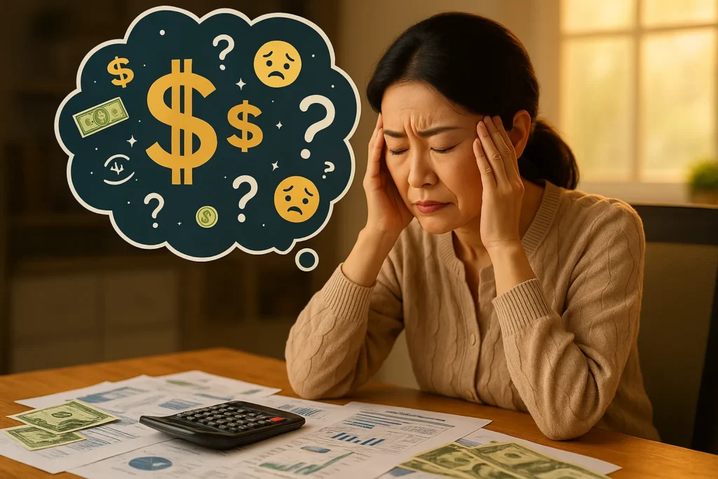 Understanding your money mindset: A stressed woman holds her head, surrounded by bills and financial documents, with a thought bubble showing money symbols. 💸🧠📊