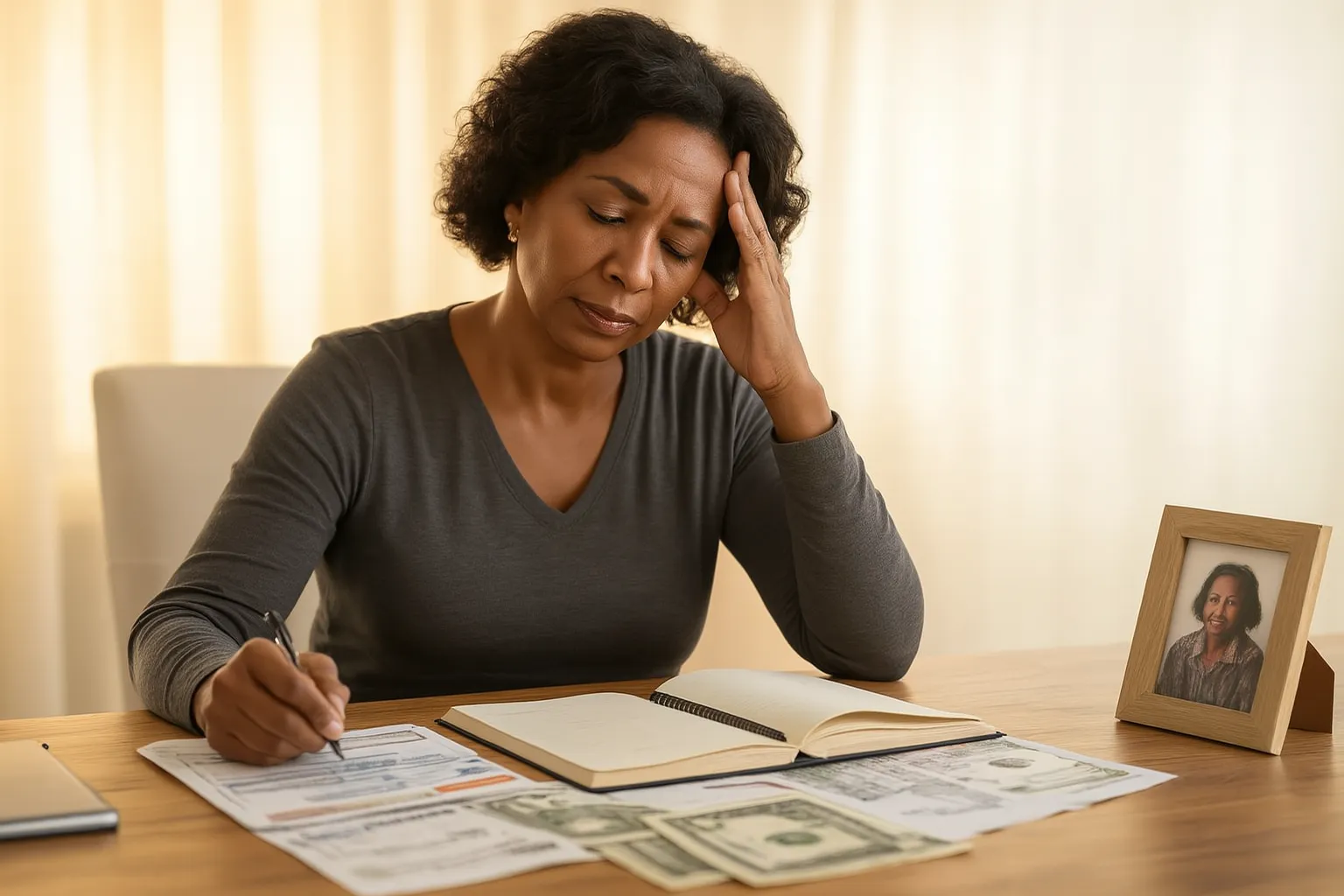 Understanding your money mindset through the image of a thoughtful woman reviewing finances, conveying emotions of reflection, responsibility, and financial awareness at home.