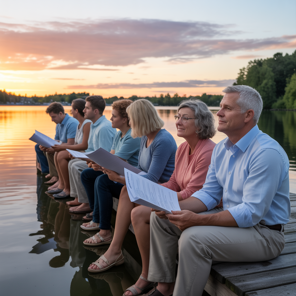 A diverse group of adults across generations sits on a dock at sunset, reviewing documents—symbolizing retirement planning by age in a peaceful, reflective setting.