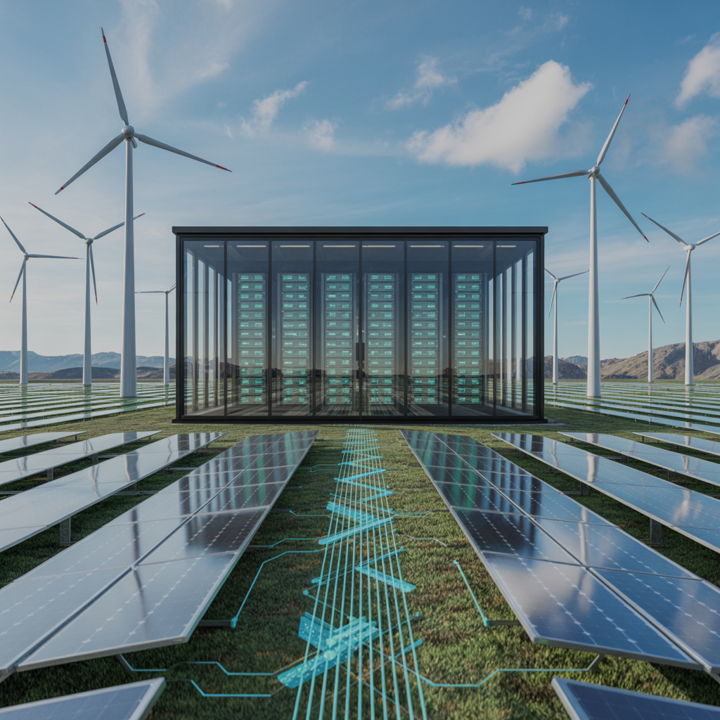 AI-powered energy hub surrounded by solar panels and wind turbines, symbolizing smart grid technology and sustainability—Investing in the Infrastructure of the Future.