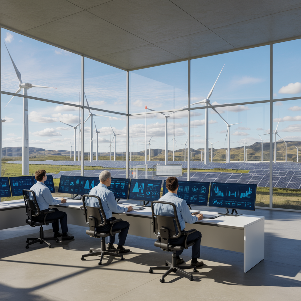 Energy control room with three operators monitoring AI-powered smart grid technology, solar panels, and wind turbines—investing in the infrastructure of the future for sustainable energy management.