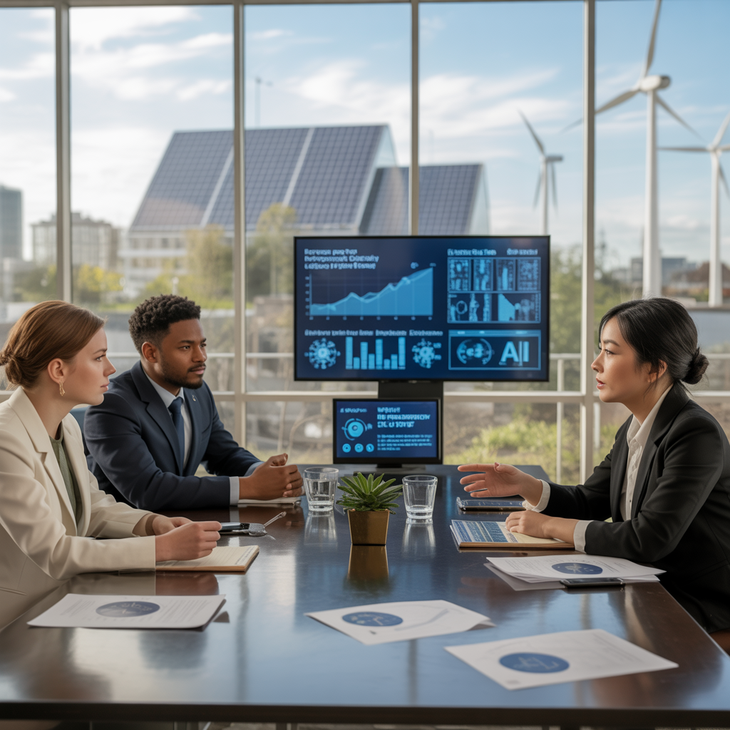 Business meeting discussing AI-driven clean energy investment strategies, with solar panels and wind turbines visible outside—Investing in the Infrastructure of the Future. 