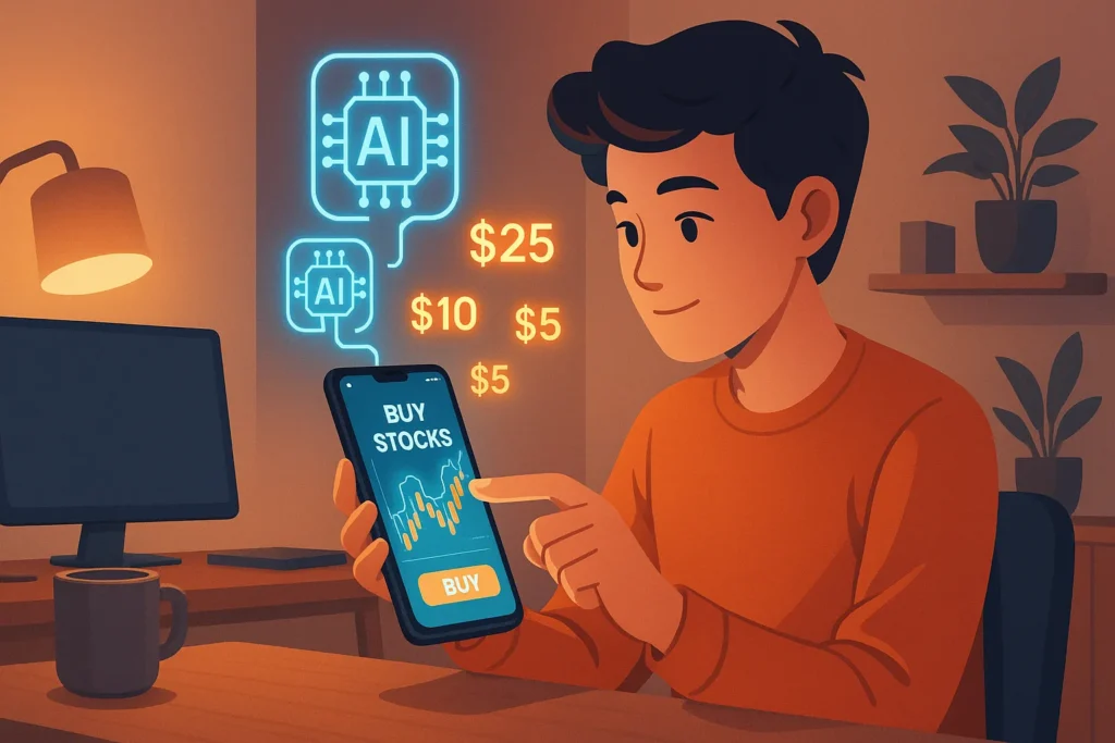 Young investor at a minimalist desk uses smartphone to buy stocks. AI icons and dollar amounts float above screen in cozy, modern home office setting.