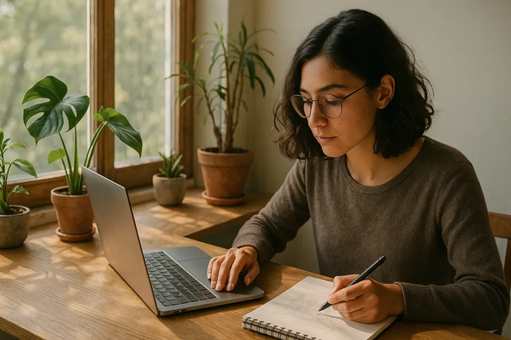 Young woman working on passive income streams at a sunlit desk with a laptop and sketchbook, surrounded by indoor plants, in a cozy, creative, nature-inspired workspace.