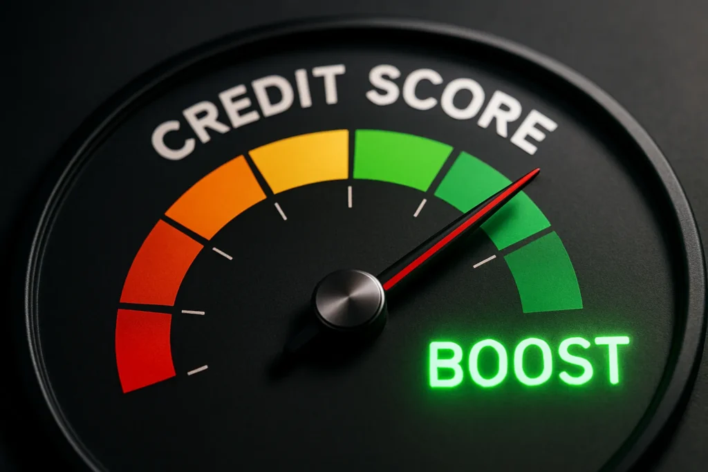 A modern credit gauge shows improvement with a glowing “Boost” as the needle points green. Rebuild your credit fast with visual progress and financial confidence.