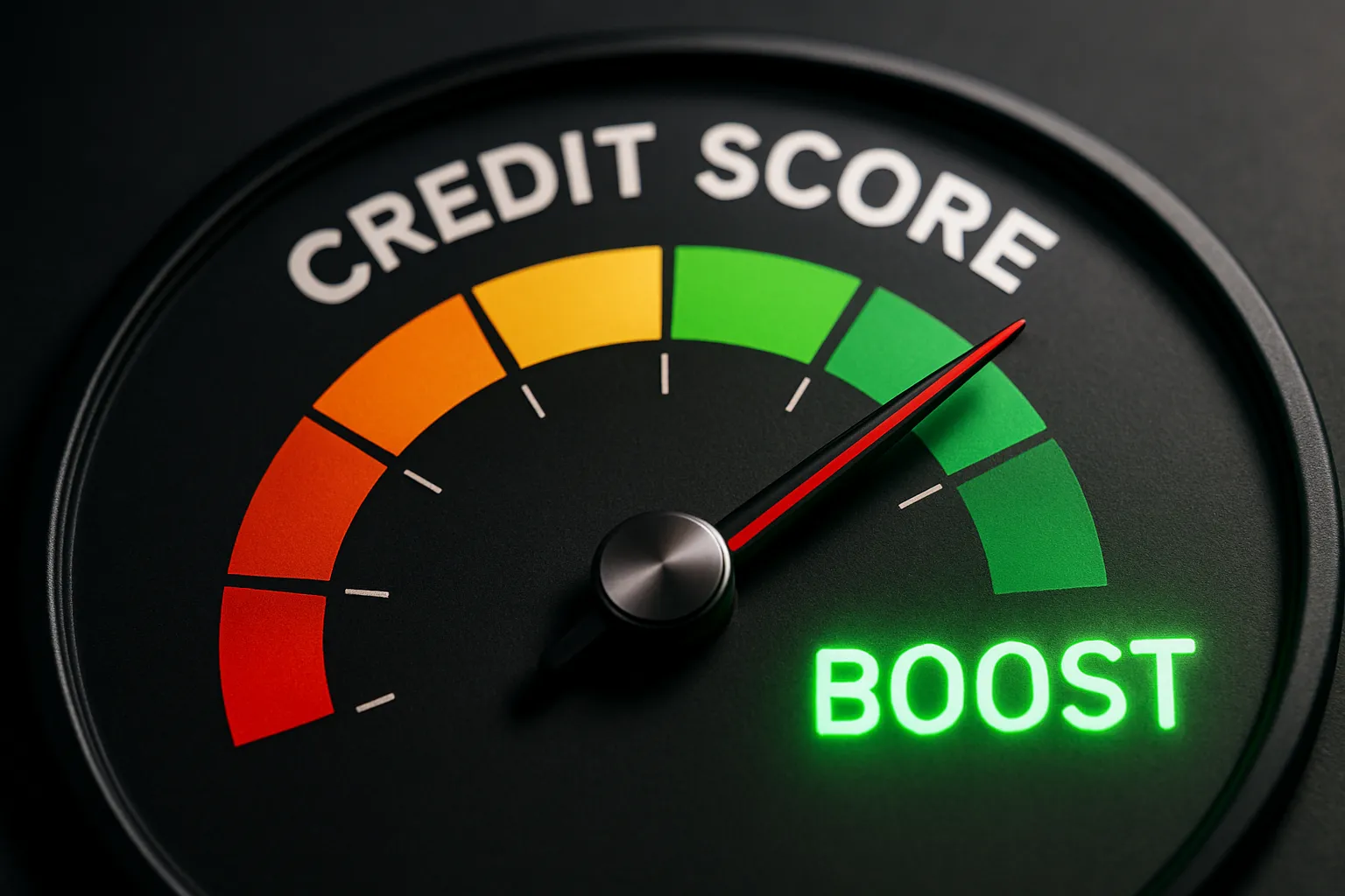 A modern credit gauge shows improvement with a glowing “Boost” as the needle points green. Rebuild your credit fast with visual progress and financial confidence.