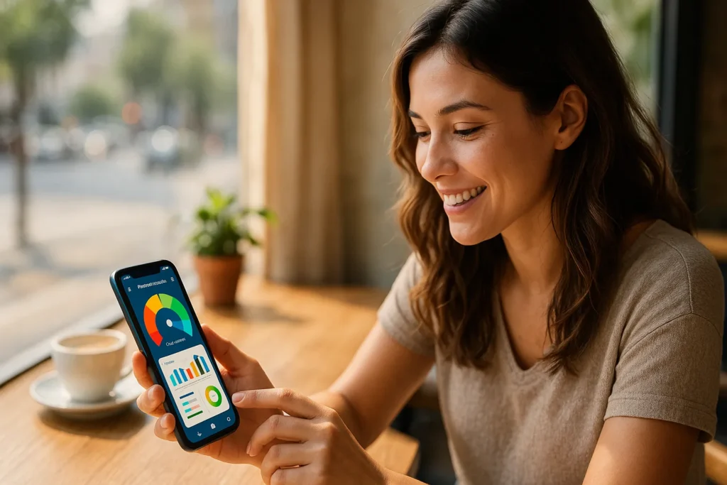 A young woman enjoys coffee at a sunny café, using a financial planning app with charts and meters. Rebuild your credit fast while enjoying life.