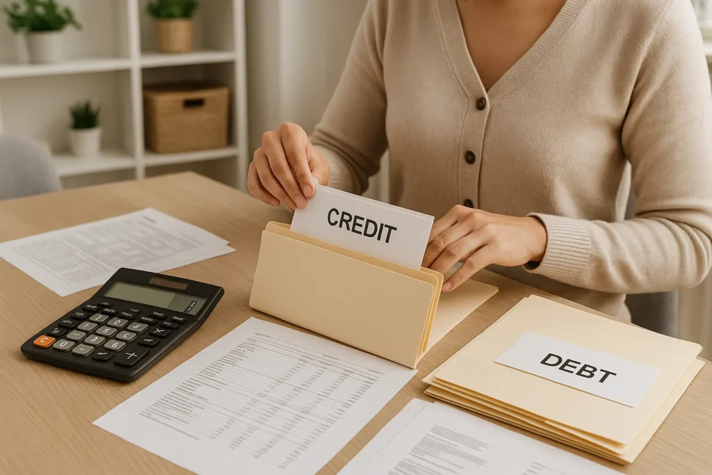 A person sorts credit and debt documents at a clean desk with folders and calculator. Rebuild your credit fast by organizing financial records smartly.