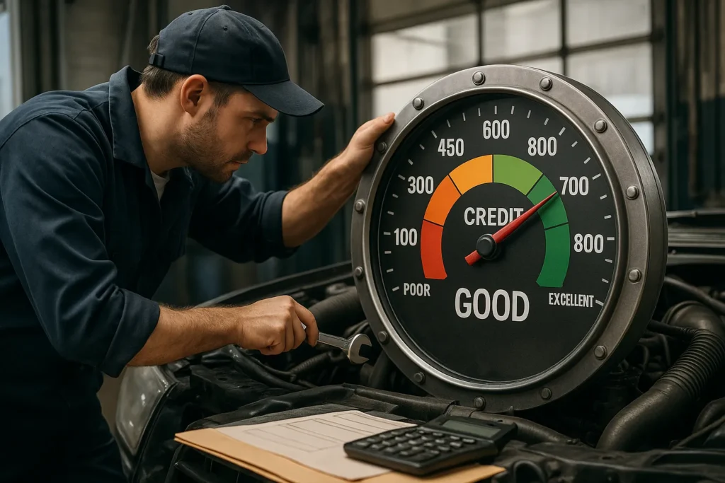 A mechanic repairs a massive credit score dial under the hood like a car engine. Rebuild your credit fast with hands-on effort and strategy. 