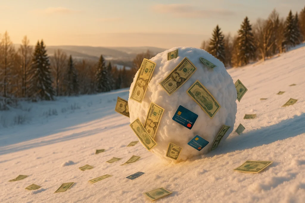 Debt Snowball vs. Avalanche Method: A massive snowball rolls downhill, collecting credit cards and bills in golden light, symbolizing growing financial decisions in winter.